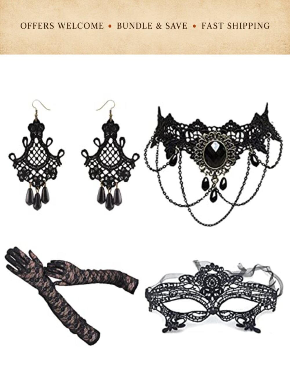 Gothic Lace Masquerade Mask Choker Earrings Gloves Set